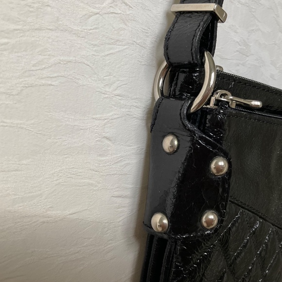 The Trend Quilted Patent Leather Shoulder Crossbody Purse Black w/ Silver Studs - Picture 4 of 16
